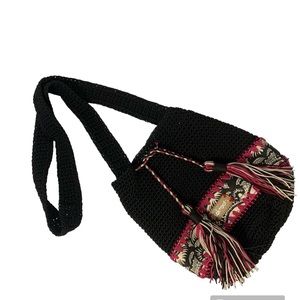 Sak Roots Bohemian Knitted Crossbody Drawstring Bucket Bag Satchel with Tassels